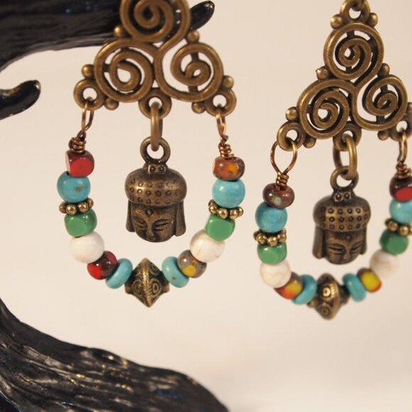 Handmade Buddha Chandelier Earrings Dangle Pierced or Clip-on Earrings - Picture 5 of 6